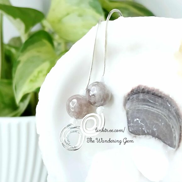 Dendritic Jasper Crystal Beaded Dangle Earrings, Boho Chic Gemstone Jewelry 1.5" - Picture 1 of 6